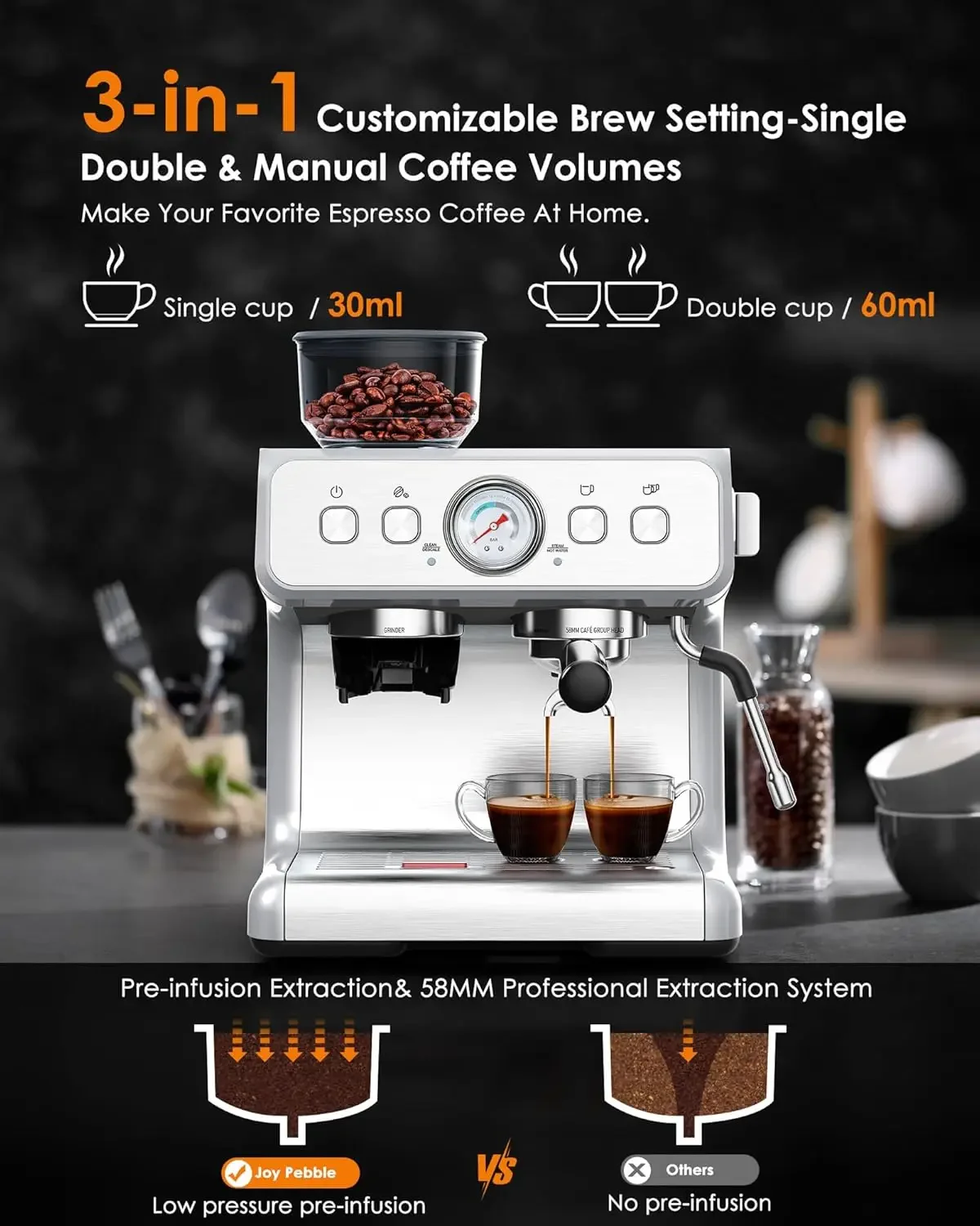 Joy Pebble Espressomachine, 15 Bar Professionele Espressomachine met Koffiebonenmolen Melkopschuimer, Koffiezetapparaat