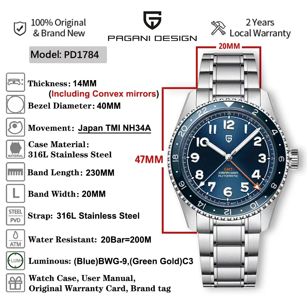 PAGANI DESIGN 2024 nuevo reloj mecánico automático GMT para hombre NH34 reloj deportivo de acero inoxidable resistente al agua reloj de doble