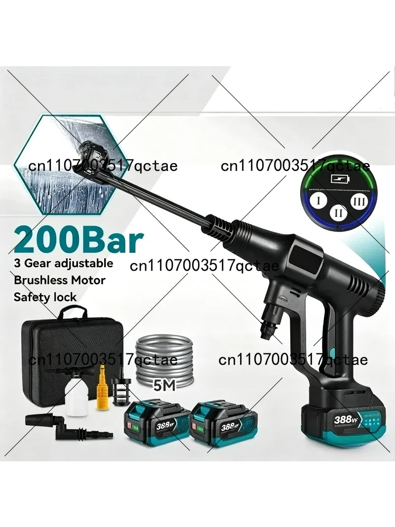 200Bar Brushless High Pressure Car Washer Gun 6 IN 1 Electric Garden Washing Water Spray Gun  For  18V Battery Pin