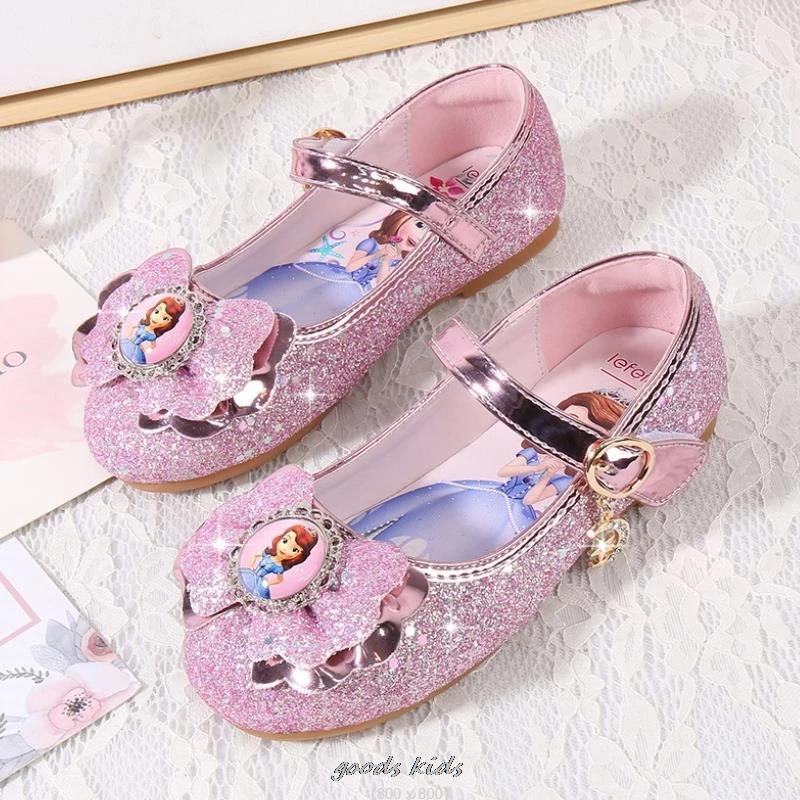 Princess Kids Leather Shoes for Girls Sofia Casual Glitter Children Flat Heel Girls Shoes Butterfly Knot Blue Pink Size 26-36