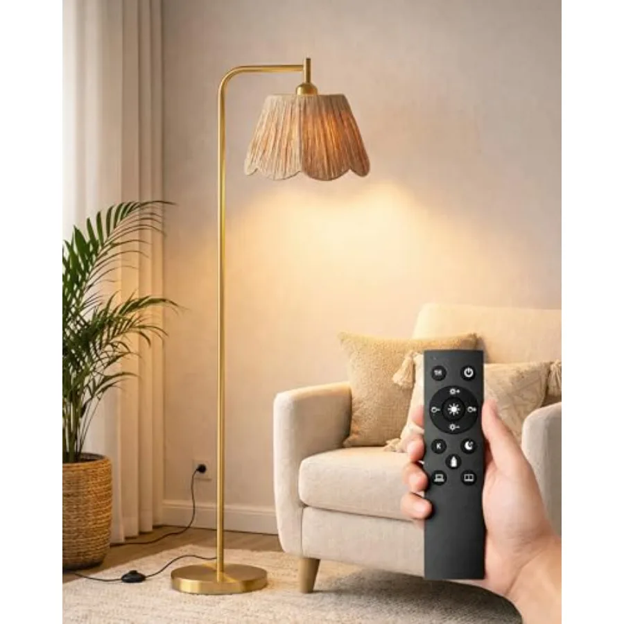 

Boho Floor Lamp with Remote and Foot Switch Brushed Gold Standing Lamp with Flower-Inspired Textured Shade Stepless Dimmable Ta