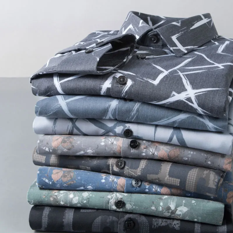 New in shirt long-sleeve shirts for men Casual Print slim fit plain shirt elastic tends retro tops elegants designer clothes