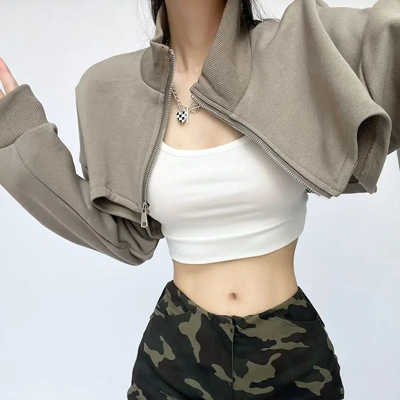 American Crop Jackets Women Stand Collar Stylish Cool Streetwear Chic Youth Leisure Solid Y2k Jacket Vintage Sexy Zip-up Spring