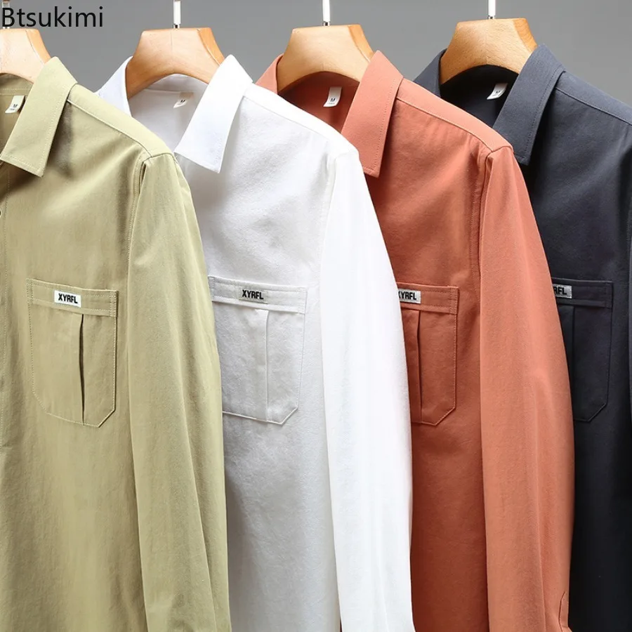 เสื้อเชิ้ตแขนยาวผ้าฝ้าย 100% สำหรับผู้ชาย สไตล์มินิมอล เรียบง่าย ลำลอง วินเทจ เสื้อคาร์โก้ สำหรับฤดูใบไม้ผลิและฤดูใบไม้ร่วง เสื้ออเนกประสงค์ เสื้อเชิ้ตผู้ชาย เสื้อโค้ท