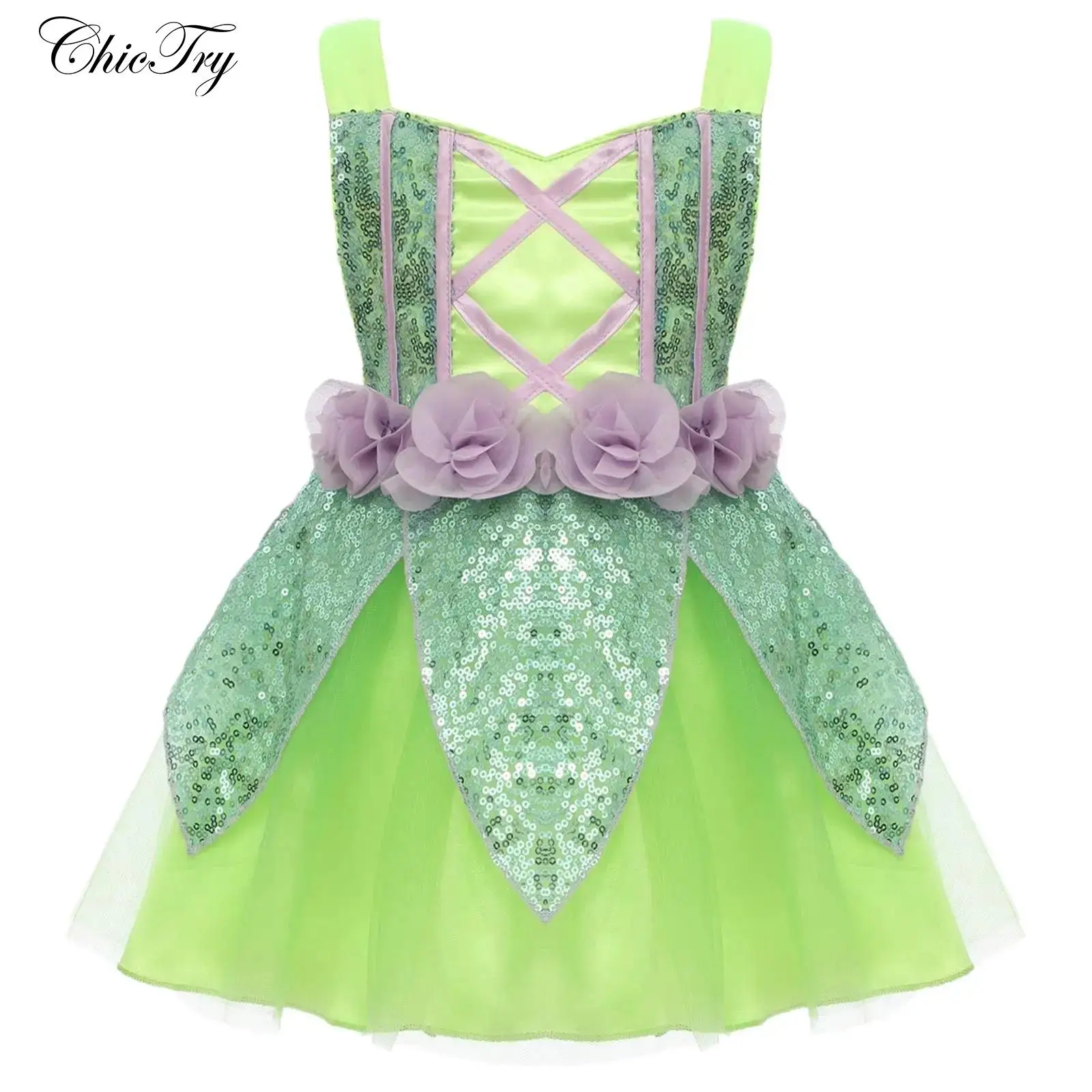 

Сказочный костюм для маленьких девочек, платье на бретельках с блестками и открытой спиной, тюлевое платье с цветами, детское нарядное платье с эльфами на Хэллоуин