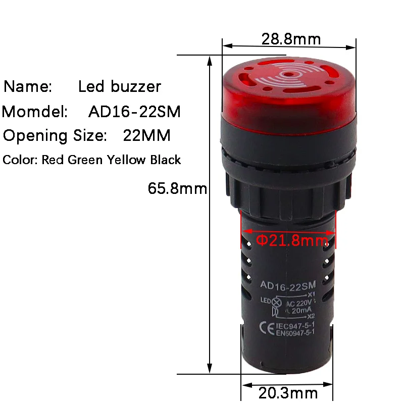 Luz de señal de Flash AD16-22SM, 12V, 24V, 110V, 220V, 380V, 22mm, LED rojo, zumbador activo, indicador de alarma, rojo, verde, amarillo, negro, 1