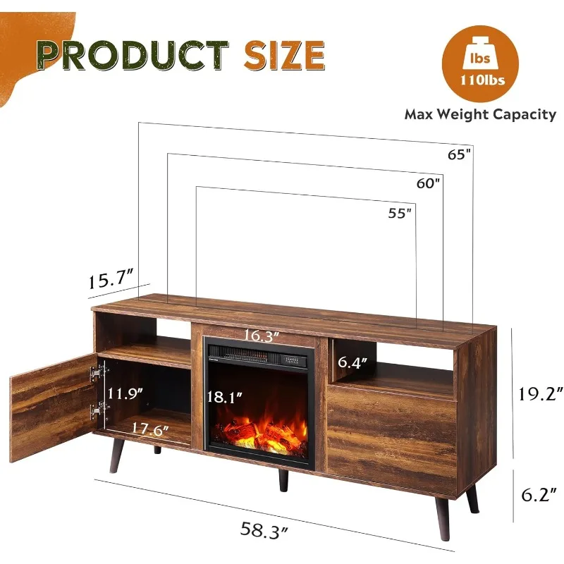 TV Stand for 65 Inch TV, 58 Inch Entertainment Center with 18 Inch Electric Fireplace, Media Console with 2 Storage Cabinets