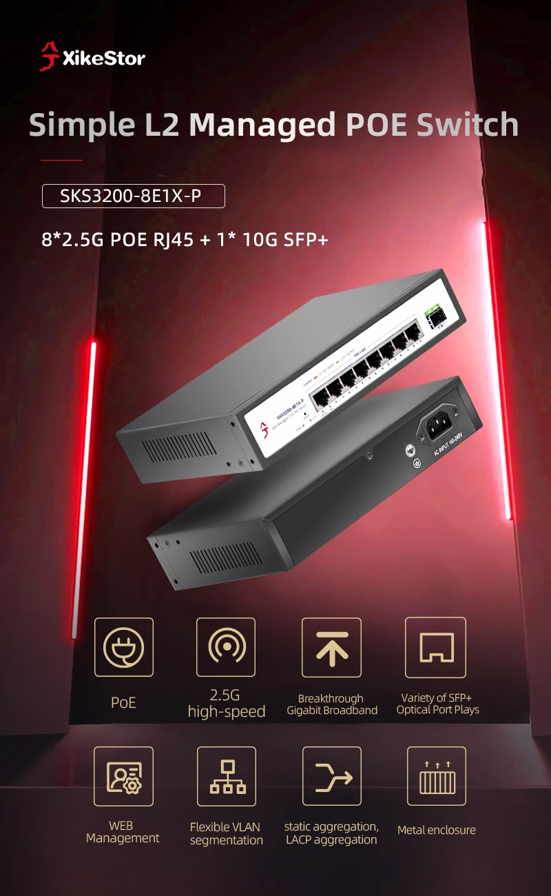 XikeStor SKS3200-8E1X-P 8-Port 2.5G PoE Managed Switch 1x10G SFP+ Uplink 140W VLAN Fanless for WiFi 6 AP NAS IP Camera CCTV