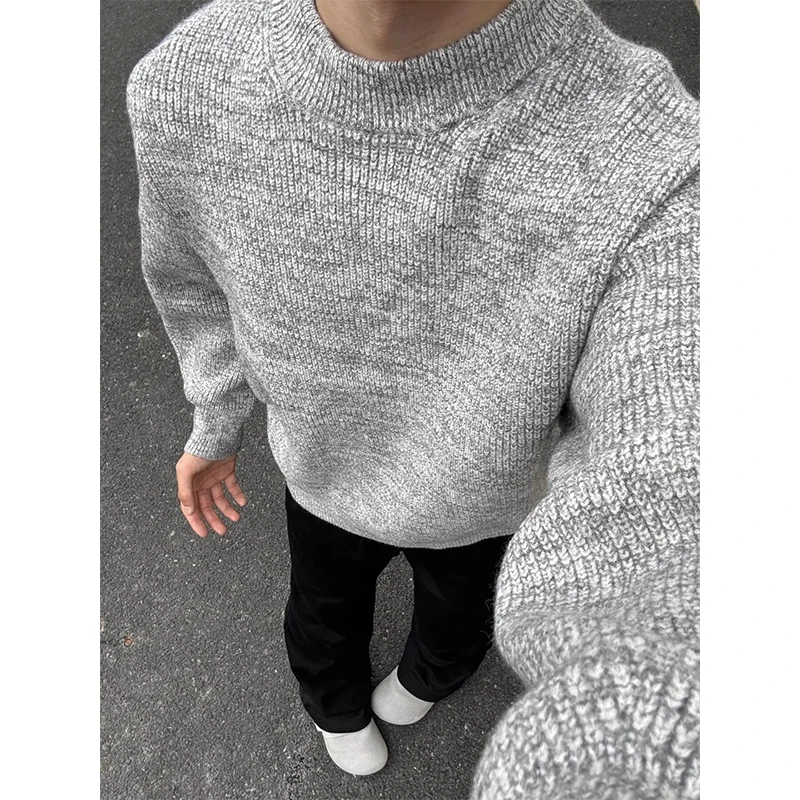 

Gray round Neck Knitted Sweater Men's Winter American Retro Lazy Style Yarn Sweater Cleanfit Overhead Coat Casual Loose Fit