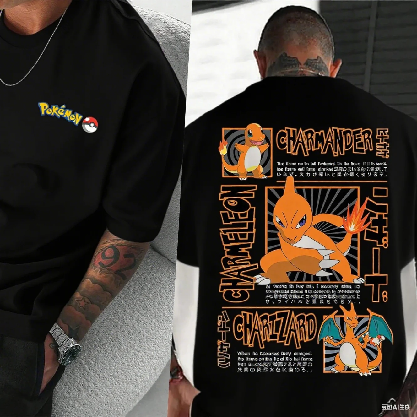 Camiseta de algodón Pokémon Charmander Line – Logotipo frontal, Arte de evolución trasera con texto, comodidad de puro algodón para entusiastas de Pokémon