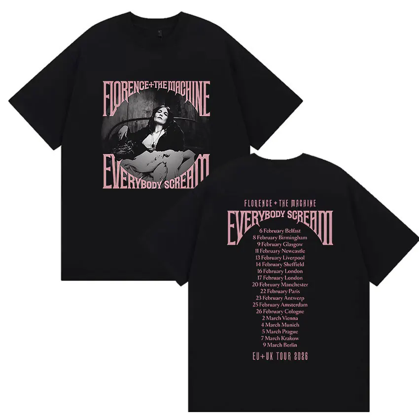 Rock Florence + The Machine Everybody Scream Tour 2026 Grafik-T-Shirt für Männer und Frauen, Vintage-Baumwolle, kurzärmelig, Streetwear