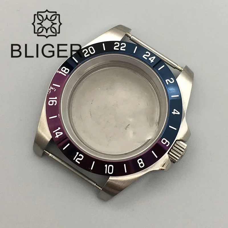 BLIGER 40mm Stainless Steel Watch Case Blue Purple Bezel Sapphire Glass Fit NH34 NH35 NH36 ETA2824 Miyota9015 PT5000 Movement