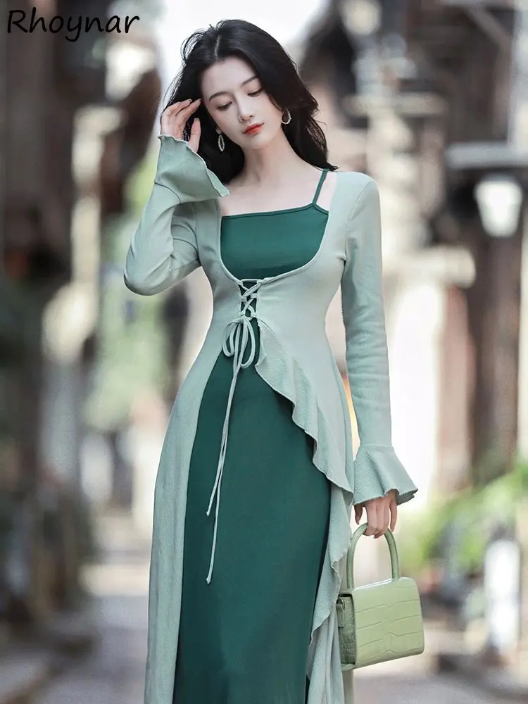 

Dresses Women Lace-up Fake 2 Pcs Flare Sleeve Irregular Ladies Personality Chinese Style Fashion Ulzzang Elegant Spring Princess