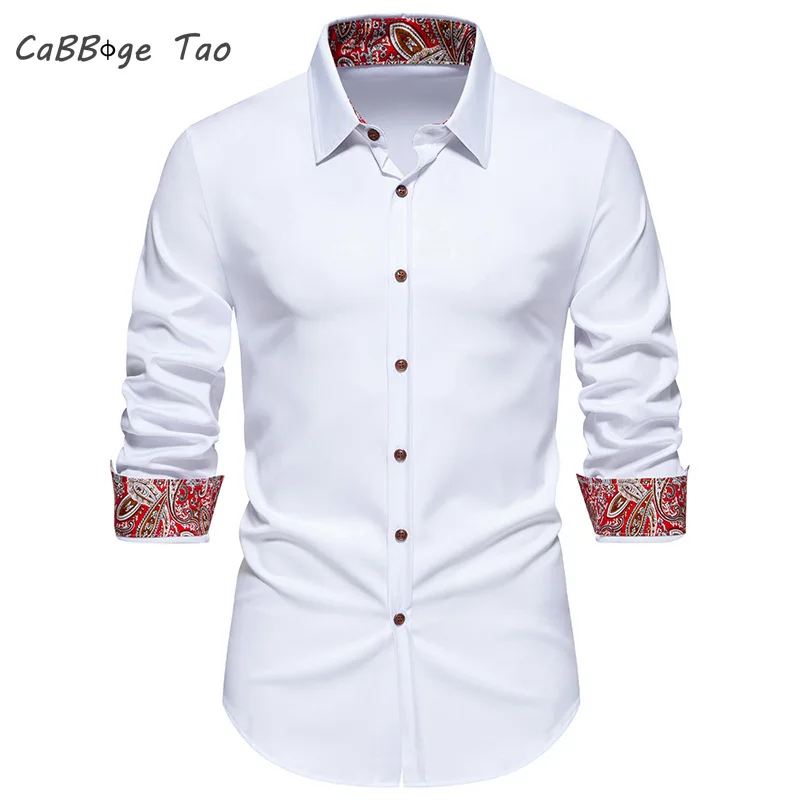 Spring New Men\'s Triangle Neck Cashew Flower Colored Long Sleeved Casual Slim Fit Comfortable Shirt