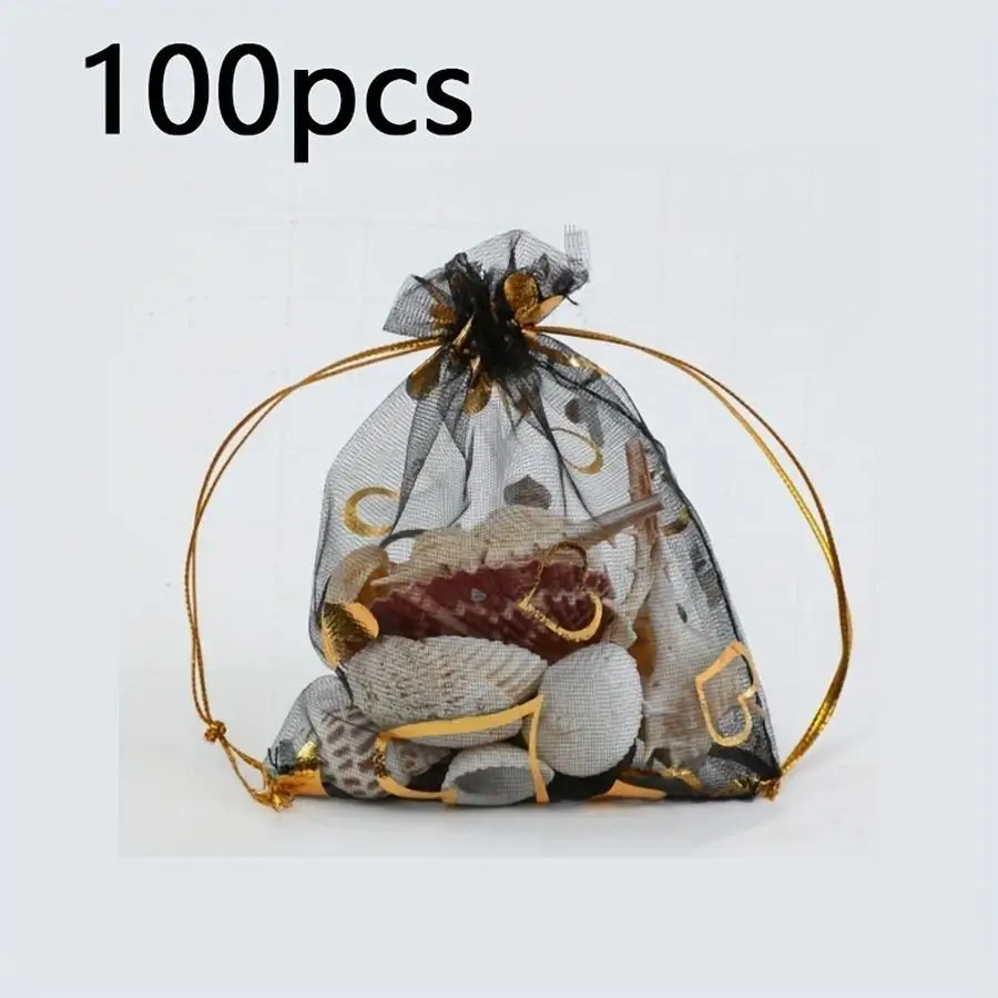 1/5/10/20/50/100pcs Clear Organza Bags with Drawstrings and Heart Prints, Perfect for Wedding Favors, Parties, Jewelry, Candy, a