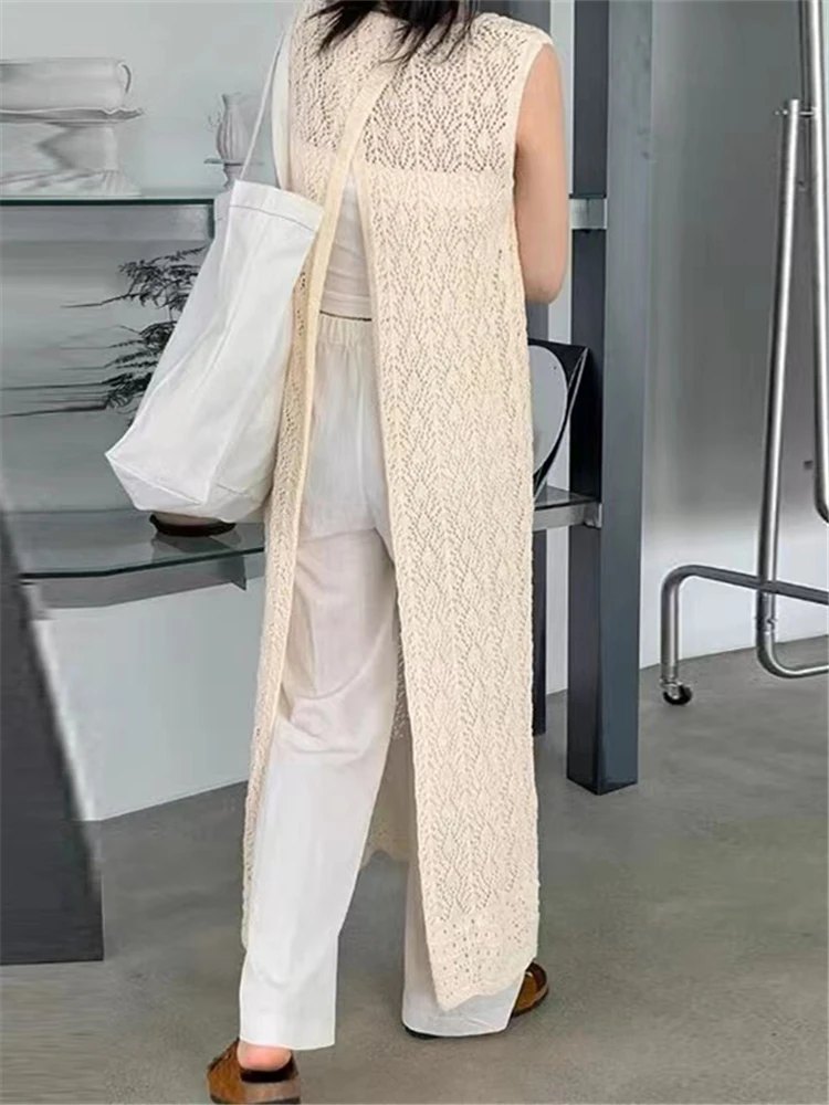 REALEFT Summer Bohemian Lace Crochet Long Dresses 2023 New Sleeveless Backless O-Neck Hollow Out Beach Tank Dress Female