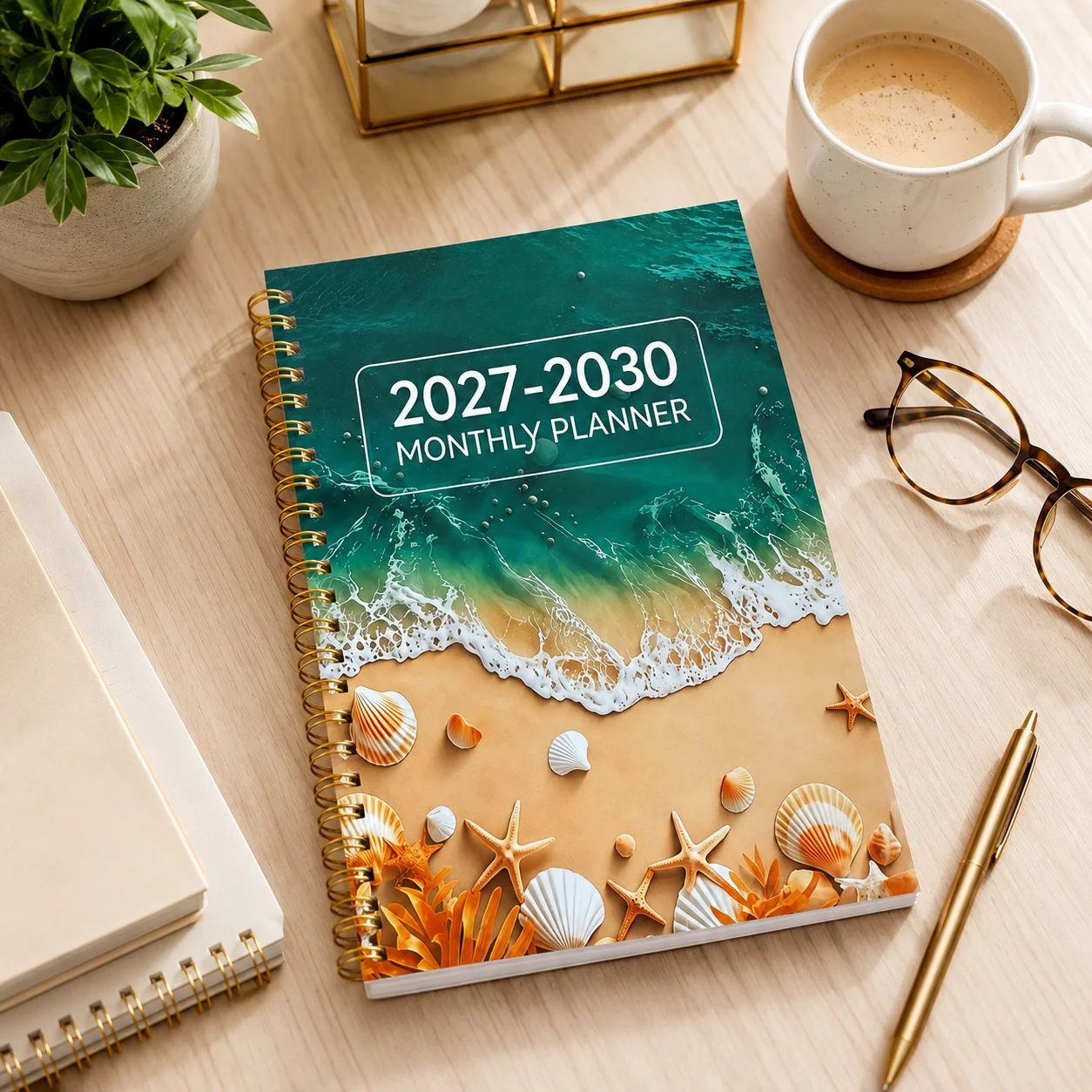 Ocean Seashell Covered Spiral Bound Planner 2027-2030 Four Year Monthly Calendar Multi-Year Agenda Long-Term Organizer