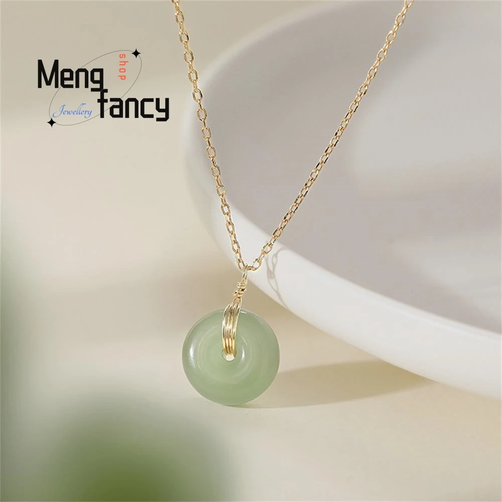 Natural Hetian Jade 925 Sterling Silver Peace Buckle Pendant Necklace Fine Fashion Jewelry Amulets Mascots Women Clavicle Chain