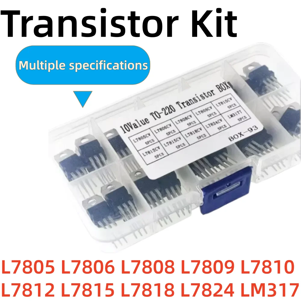 50 PCS,L7805 L7806 LM317T L7808 L7809 L7810 L7812 L7815 L7818 L7824 Transistor Assortment Kit 10value*5pcs Voltage Regulator Box