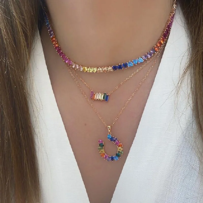 

2025 Valentine's Day Gift Nice Rainbow Colorful Summer Hot Selling Jewelry Heart Shaped Tennis Chain Choker Necklace For Women