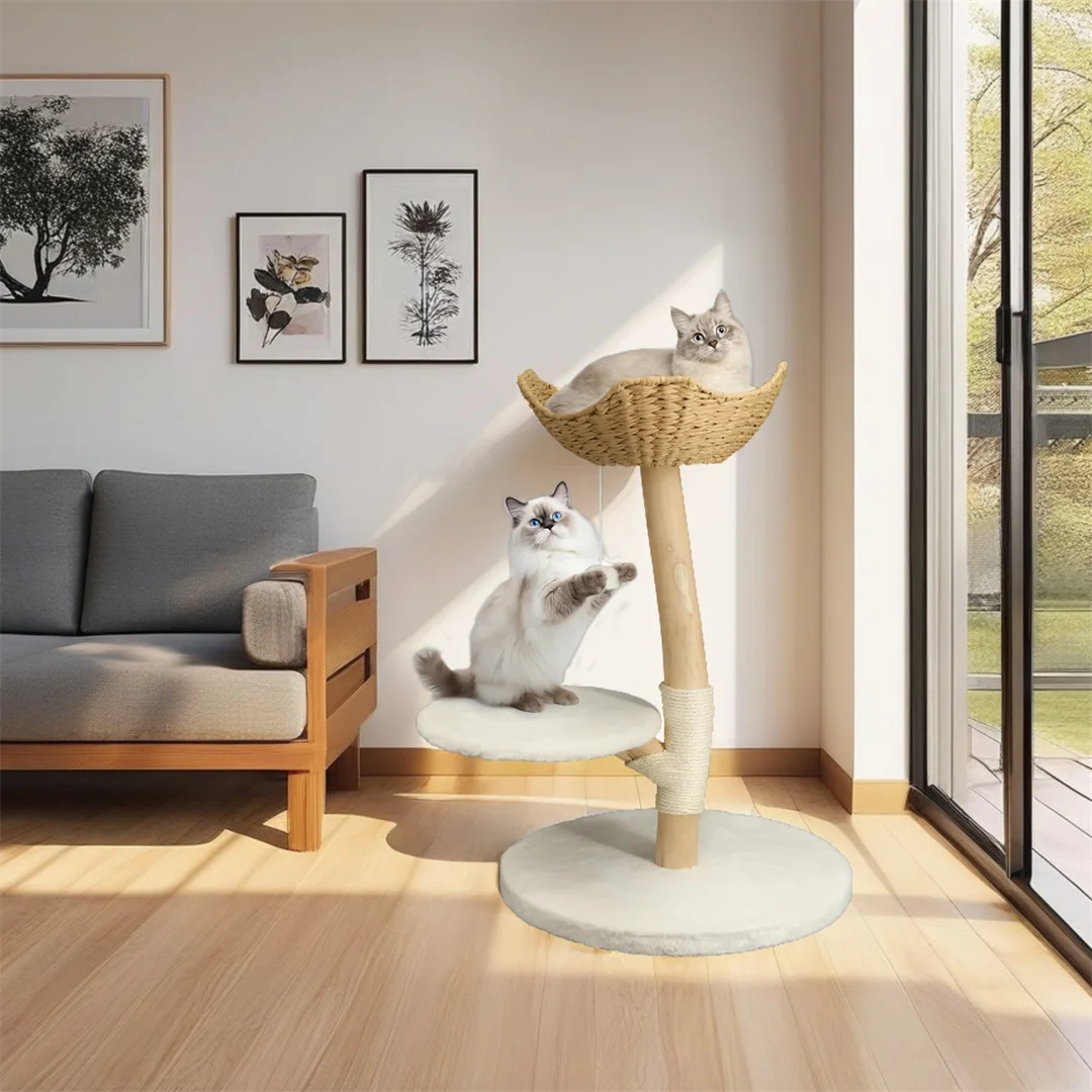 Modern Cat Tree Solid Wood Kitten Scratching Tree Activity Tower Center with Cozy Rest Dangling Toy Ball Sisal Scratching Post