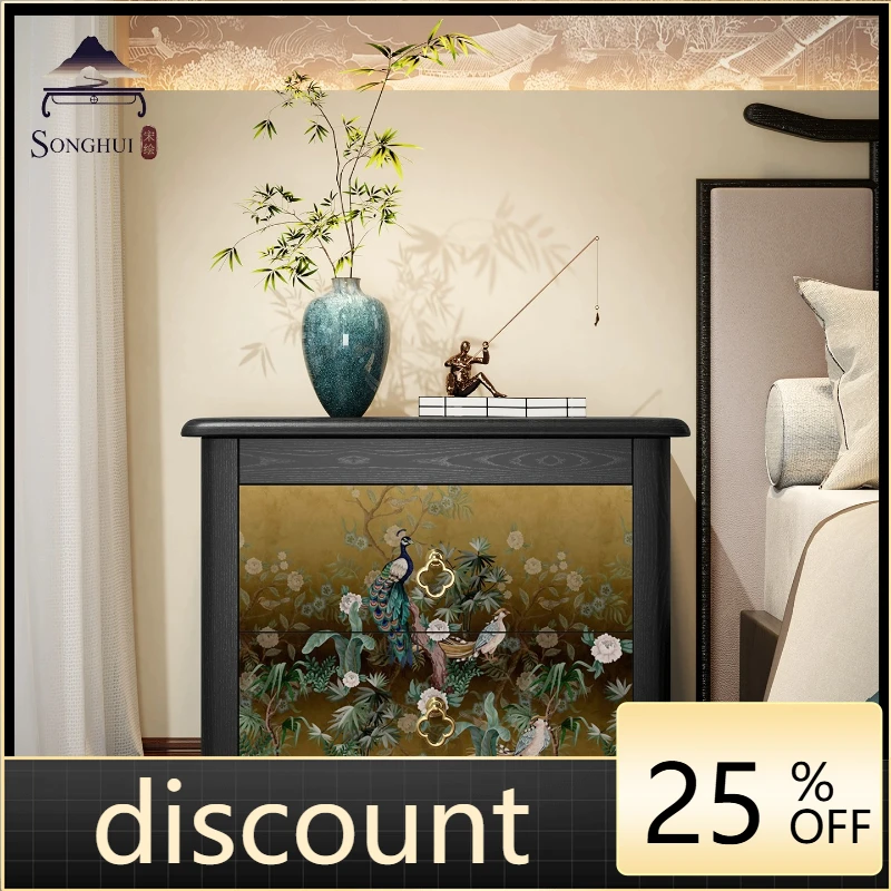 

LH new Chinese bedside table pure solid wood drawer household wall storage decorative cabinet