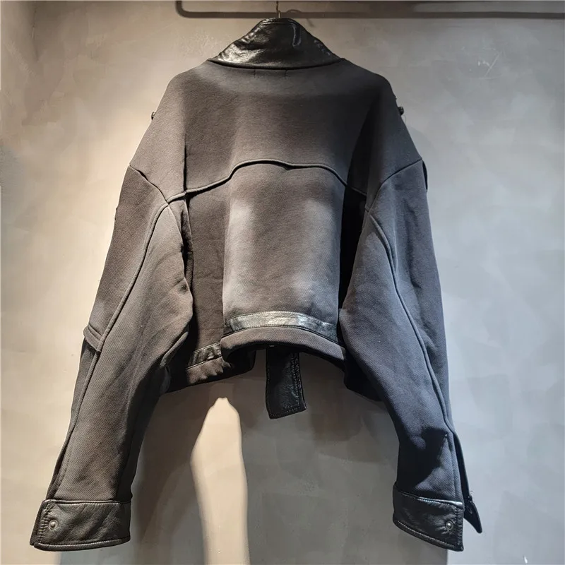 Setelan Dua Potong Berbahan Fleece dan Tebal untuk Wanita, Celana Longgar Bergaya dengan Kantong Besar, Jaket Kulit Bergaya Keren dengan Gesper untuk Musim Gugur dan Musim Dingin