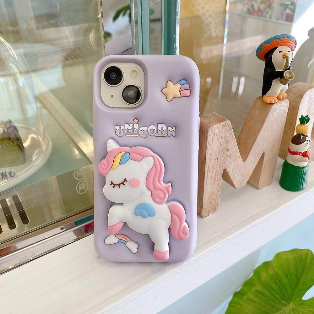 Nette 3D Cartoon Regenbogen Einhorn Pferd Weiche Silikon Halterung Fall Ständer Halter Abdeckung Für iPhone 17 16 Plus 15 14 13 12 Pro Max – Detail 4