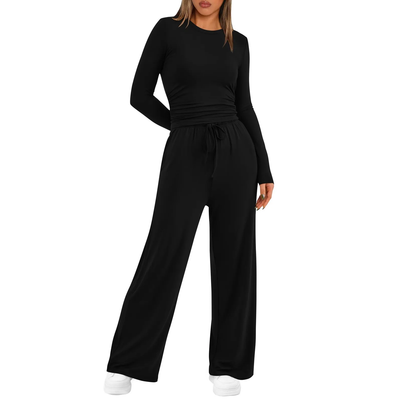 Women\'s 2 Piece Outfits Lounge Sets Ruched Long Sleeve Tops and High Waisted Wide Leg Pants Tracksuit Sets