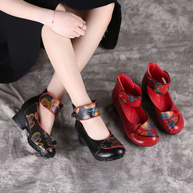 

High Quality Mom Genuine Leather Pumps Loafer Women Summer Hook Loop Mary Janes Block Heels Shoes Round Toe Ethnic Stylish Pumps