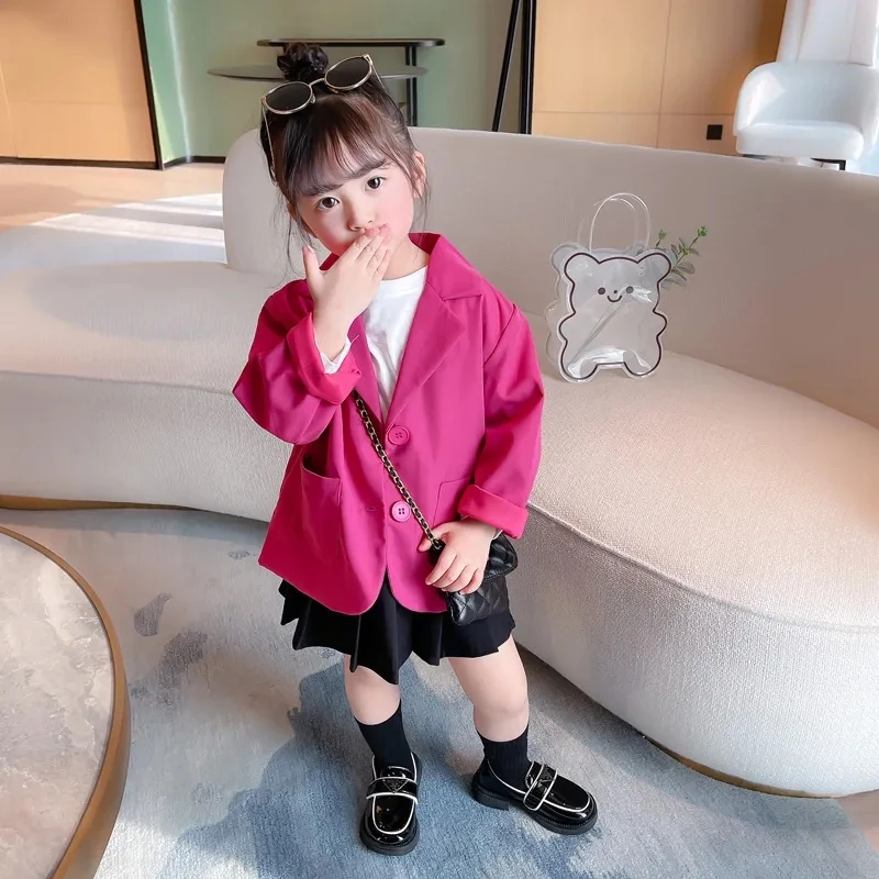 2-12 Years Girls Rose Red Blazer Toddler Children Lapel Jacket for Girls Solid Coat with Pockets Autumn Spring Girl Outerwear 8