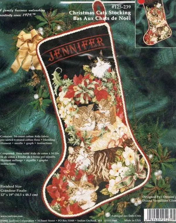 Christmas Cat Stockings Cross Stitch Kits, Embroidery Needlework Sets, DIY Cross-stitch Canvas, Sewing Crafts for Home