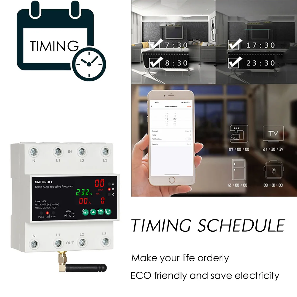 Tuya WiFi Drei Phase 4P 100A Auto-Wiedereinschaltung Über Unter Spannung Schutz Prepaid Meter Timer Schalter Stimme fernbedienung – Detail 12