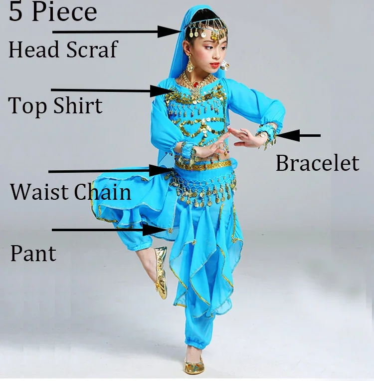 Dance Wear Children Belly Dance  Costume Set Girls Indian Flowers Outfit 5pcs (Top Belt Skirt Veil Headpiece)