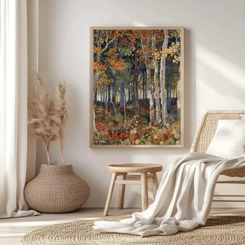 Retro William Morris Inspired Autumn Forest Wall Art Print Canvas Painting Poster Picture For Living Room,Bedroom Home Decor