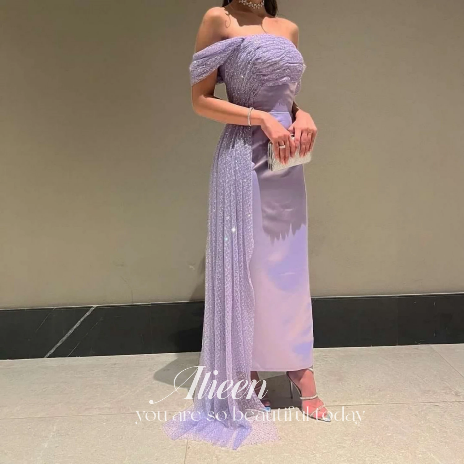 

Aileen Violet Satin Mermaid Dubai Evening Prom Dresses Sequins Tulle Off Shoulder Saudi Arabic Prom Party Dress With Skirt Gala