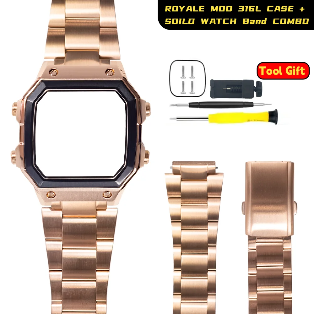 Durable 316L SS Royale Mod Black Bezel Rose Gold Case Dial For Casio AE1300 AE1200 Metal  Case Faceplate K1 Mineral Parts Set view 4