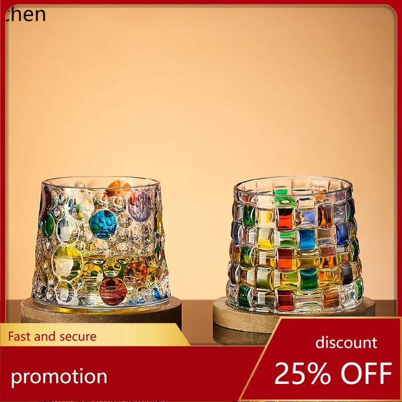 

Zml glass creative wine glass hand-painted spinning cup with wooden base - stress relief cup