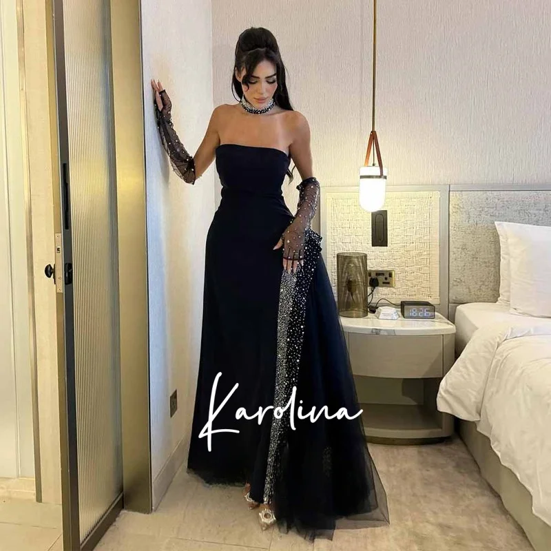 

Stylish Evening Dress Rhinestones Sleeveless Satin Strapless Saudi Arabia Gala Dresses Customized