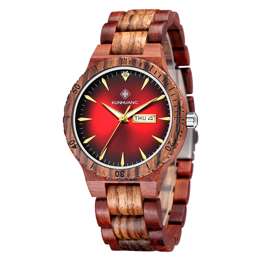 

KUNHUANG New Trendy Men's Wooden Watch Top Luxury Quartz Watch Luminous Hand Date Fashion Skeleton Dial Men's Watch Date&week