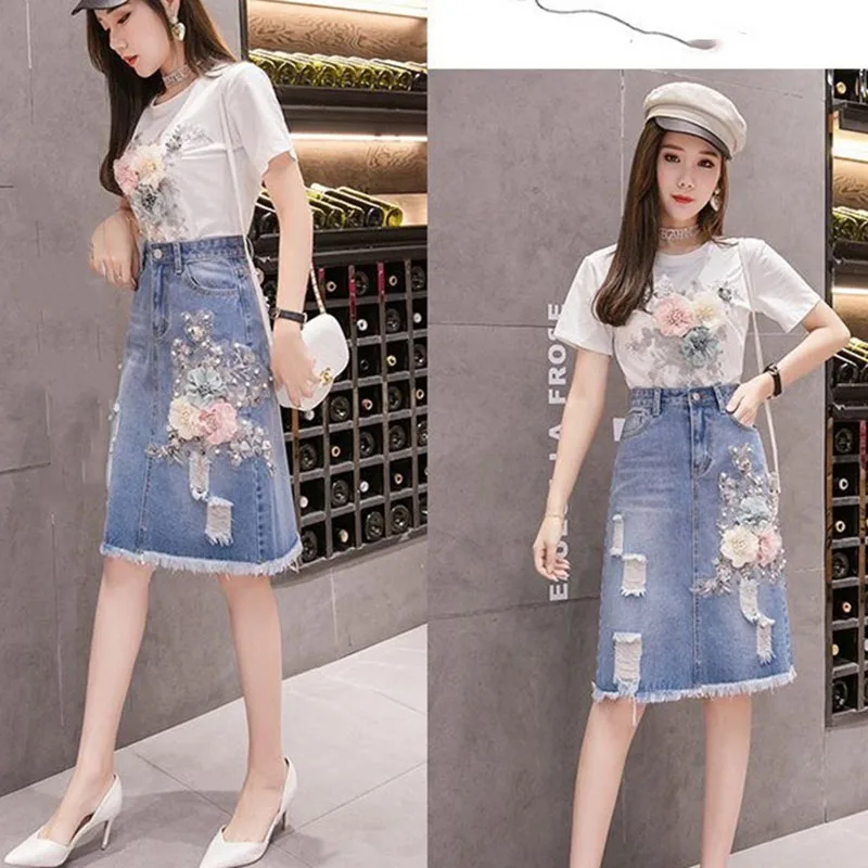 

Korean Women Hole Maxi Skirt Two-piece Set Female Short Sleeved Jeans Skirts Summer Ladies Round Neck Flower Cowboy Long Skirts