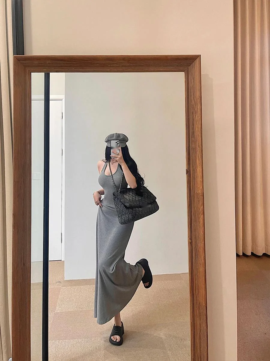 Sweet Women Maxi Dresses Sexy Backless Slim Hanging Neck Dress Long Dress Elegant V Neck Hot Sexy Korean Women Tops 2PLP