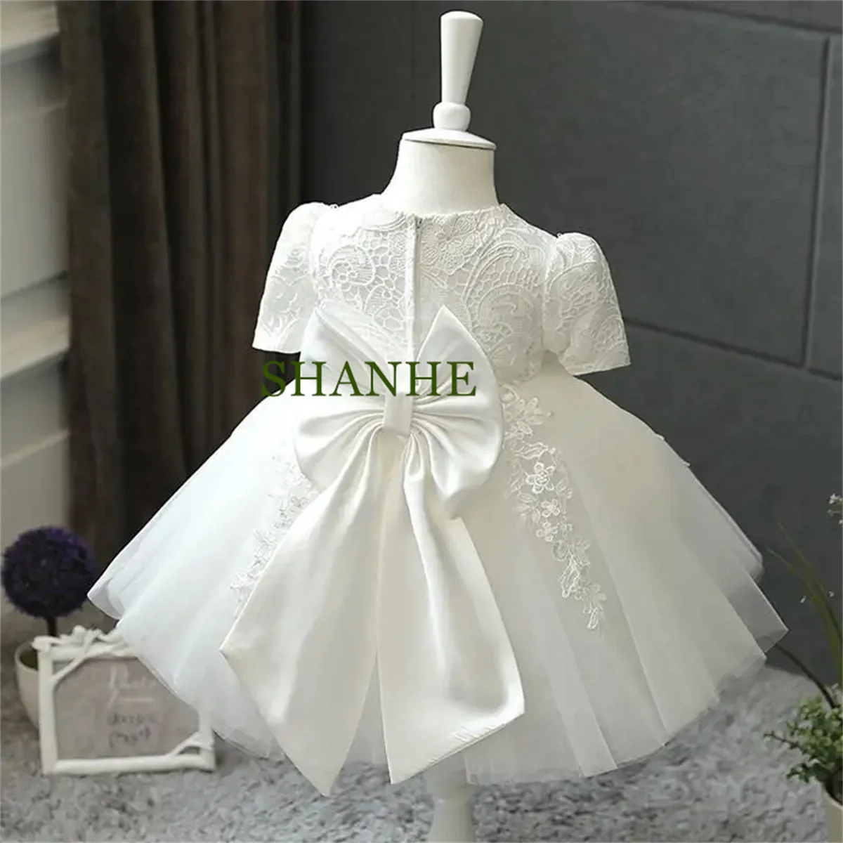 CustomizedKids Lace White Flower Girl Dress Birthday Embroidered Long Sleeves Retro Ball Gown Knee Length Princess Dress Short L