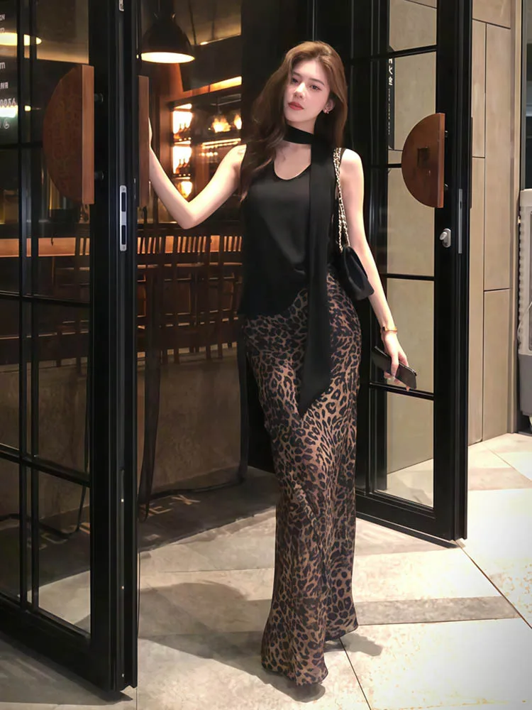 Vintage leopard print women's half body long dress 2025 slim fit sexy long dress