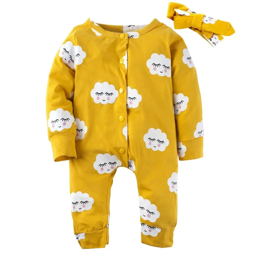 Newborn Infant Baby Girls 2pcs Clothes Set Toddler Long Sleeve Clouds Printed Romper Jumpsuit with Hairband Spring Autumn Outfit