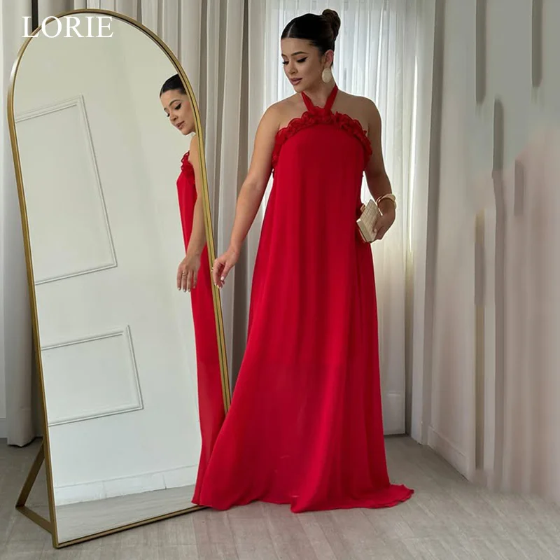 LORIE Schicke rote Chiffon-Abendkleider, gerüschte Neckholder-Bänder, rückenfreies Partykleid, A-Linie, bodenlange Ballkleider, individuell gestaltet