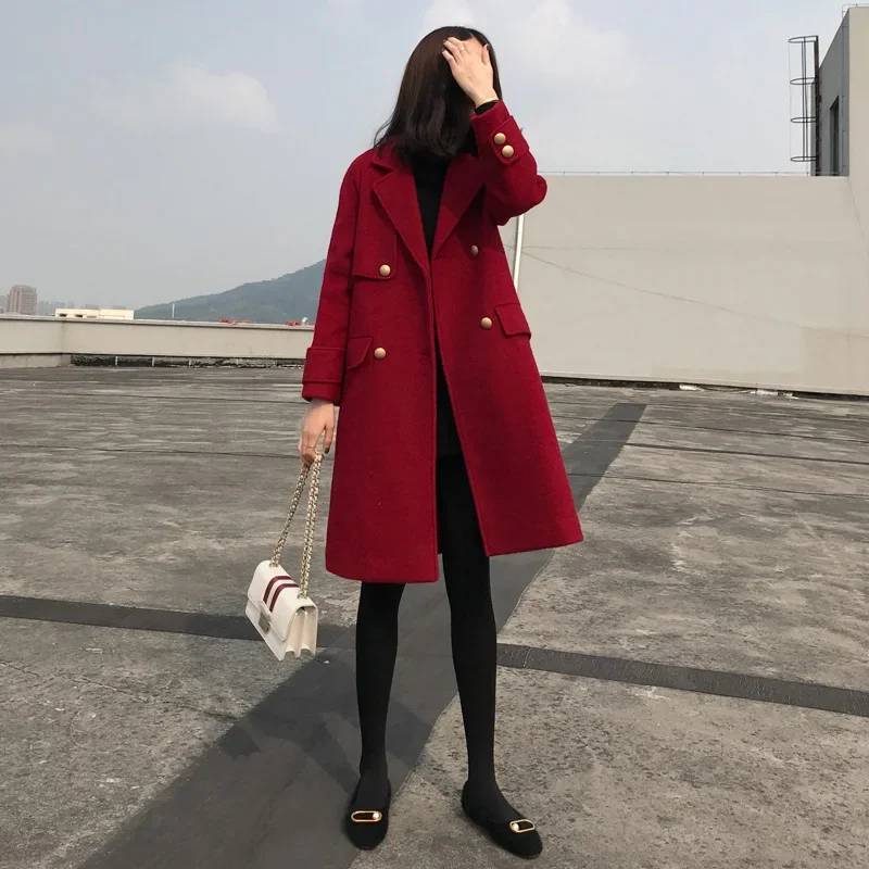 Women's autumn and winter  woolen coat suit collar mid-length woolen coat burgundy black dark blue