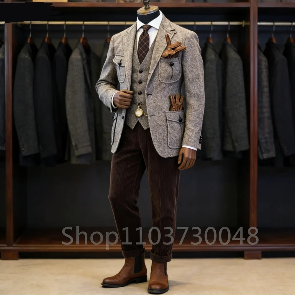 

Мужской коричневый твидовый пиджак для курения, однобортный деловой свадебный костюм XS-6XL, кашемировая куртка с дизайном рыбьего позвоночника