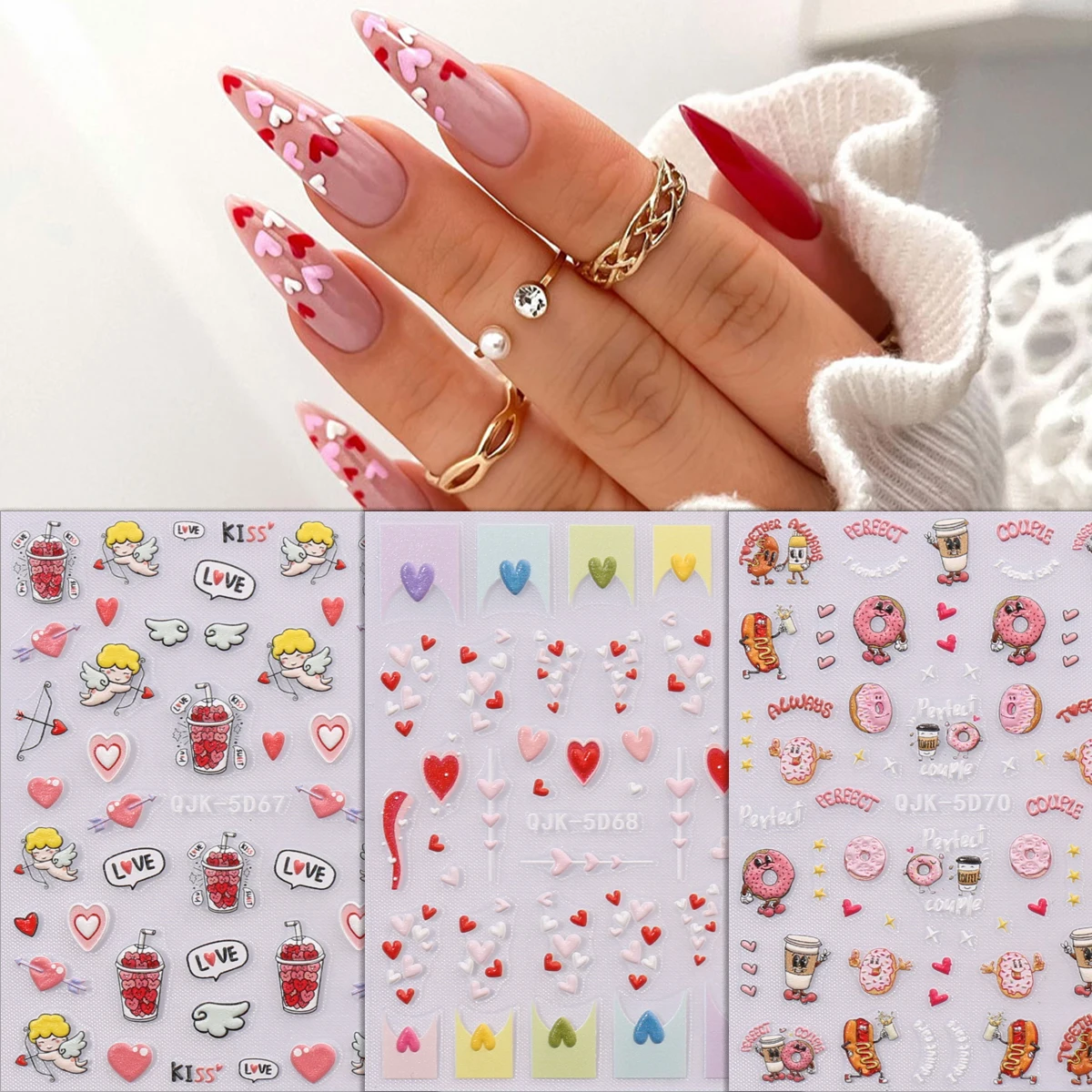 3pcs Valentine's Day cartoon cute embossed nail art stickers, artistic nail art decals, easy to apply nail decoration, DIY,