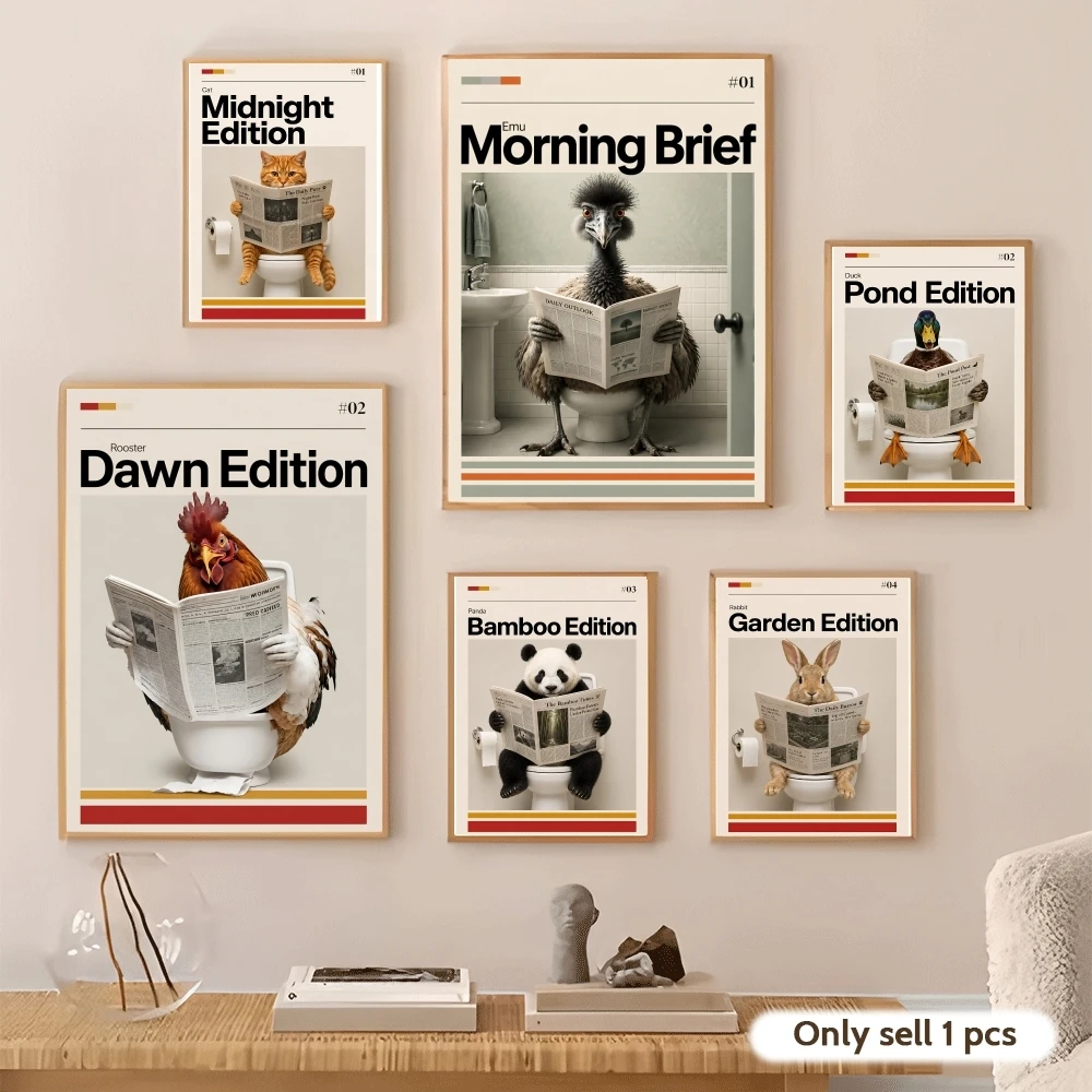 Funny Animals Using Toilet Poster Stickers Self-Adhesive For Bedroom Living Room Home Decor Wall Decoration